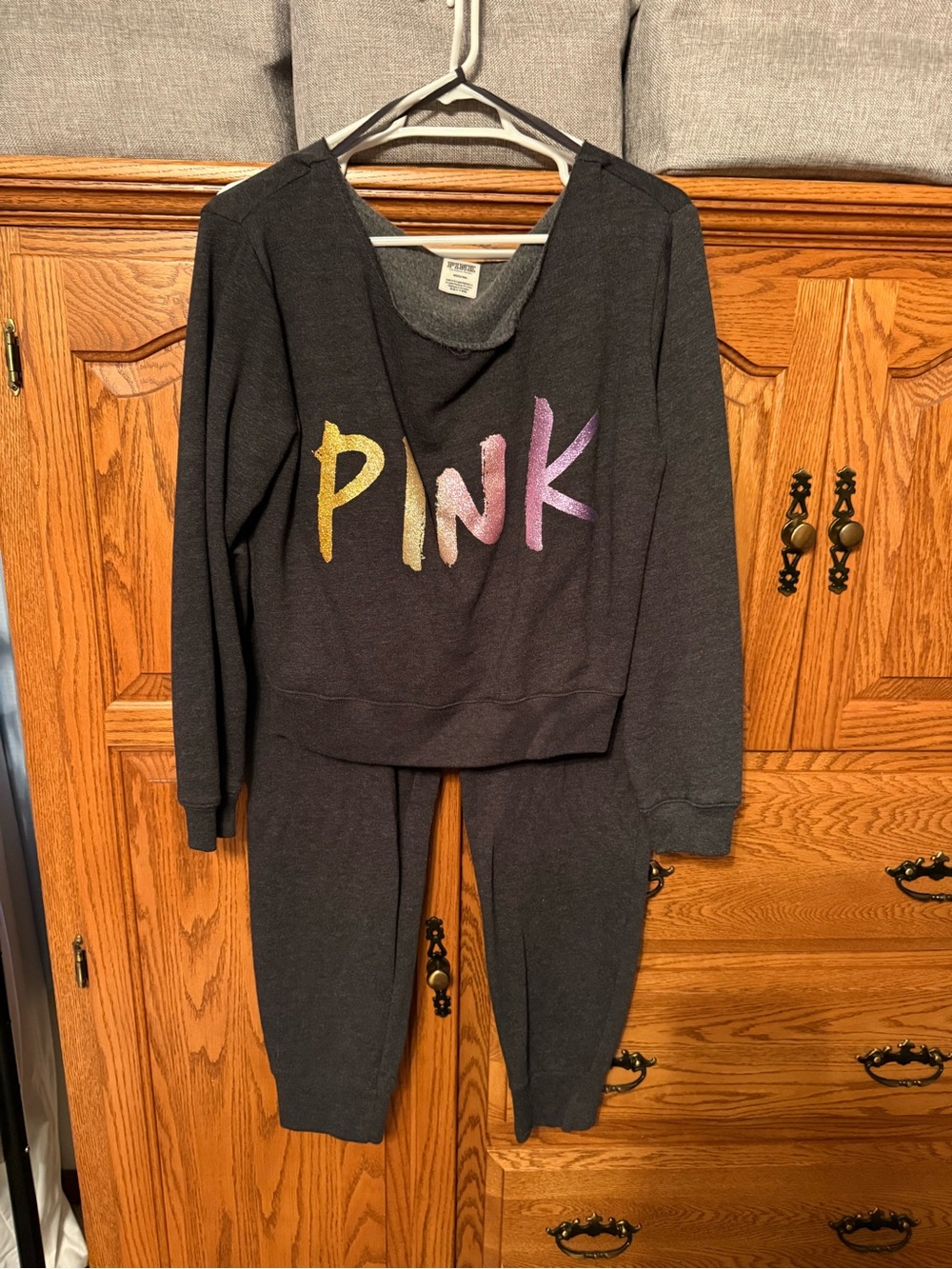 PINK Victoria's Secret Charcoal Gray Sweat Set with Gold and Purple Logo